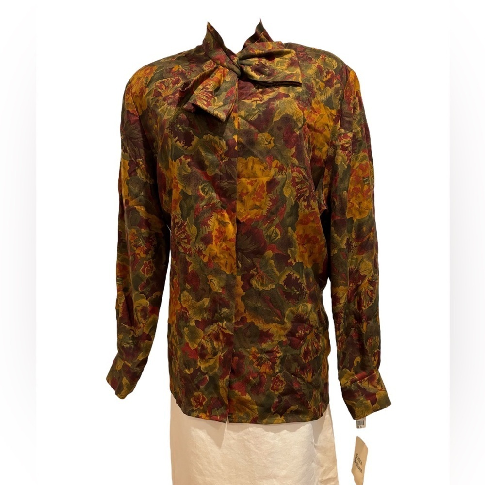 NWT 80s OLIVE GREEN & BUTTERY GOLD FLORAL BLOUSE EVAN PICONE COTTAGECORE 16W